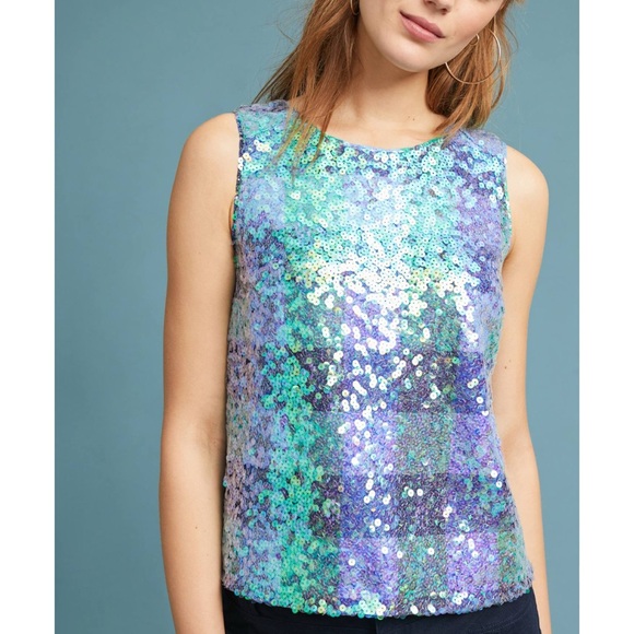 MAEVE by ANTHROPOLOGIE Amatheia Blue Sleeveless Sequin Top Women's Size 8 - Picture 2 of 14